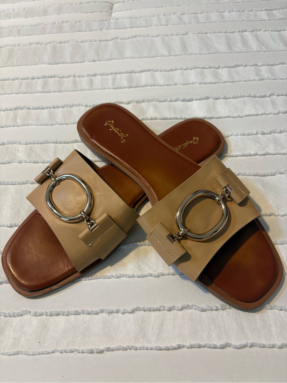 Women’s Beige Slide Sandals with Gold Ring Accent
